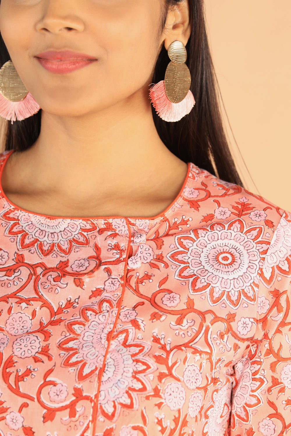 Image of Floral Gathered Sanganeri hand block printed cotton dress